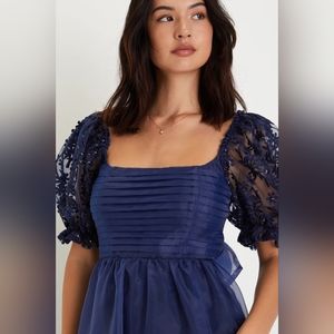 Significant Splendor Navy Organza Pleated Puff Sleeve Midi Dress